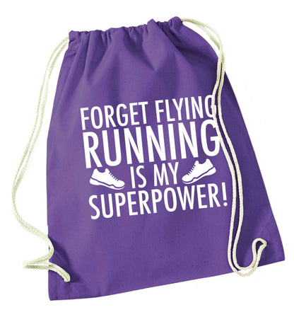 Forget flying running is my superpower purple drawstring bag