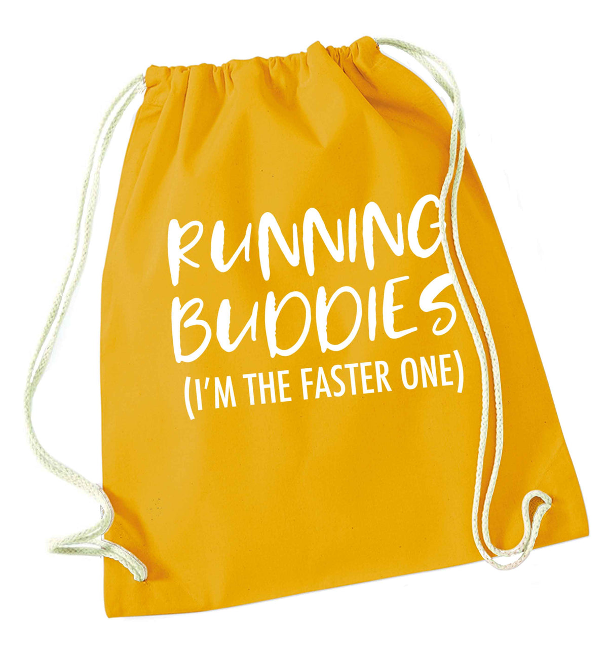 Running buddies (I'm the faster one) mustard drawstring bag