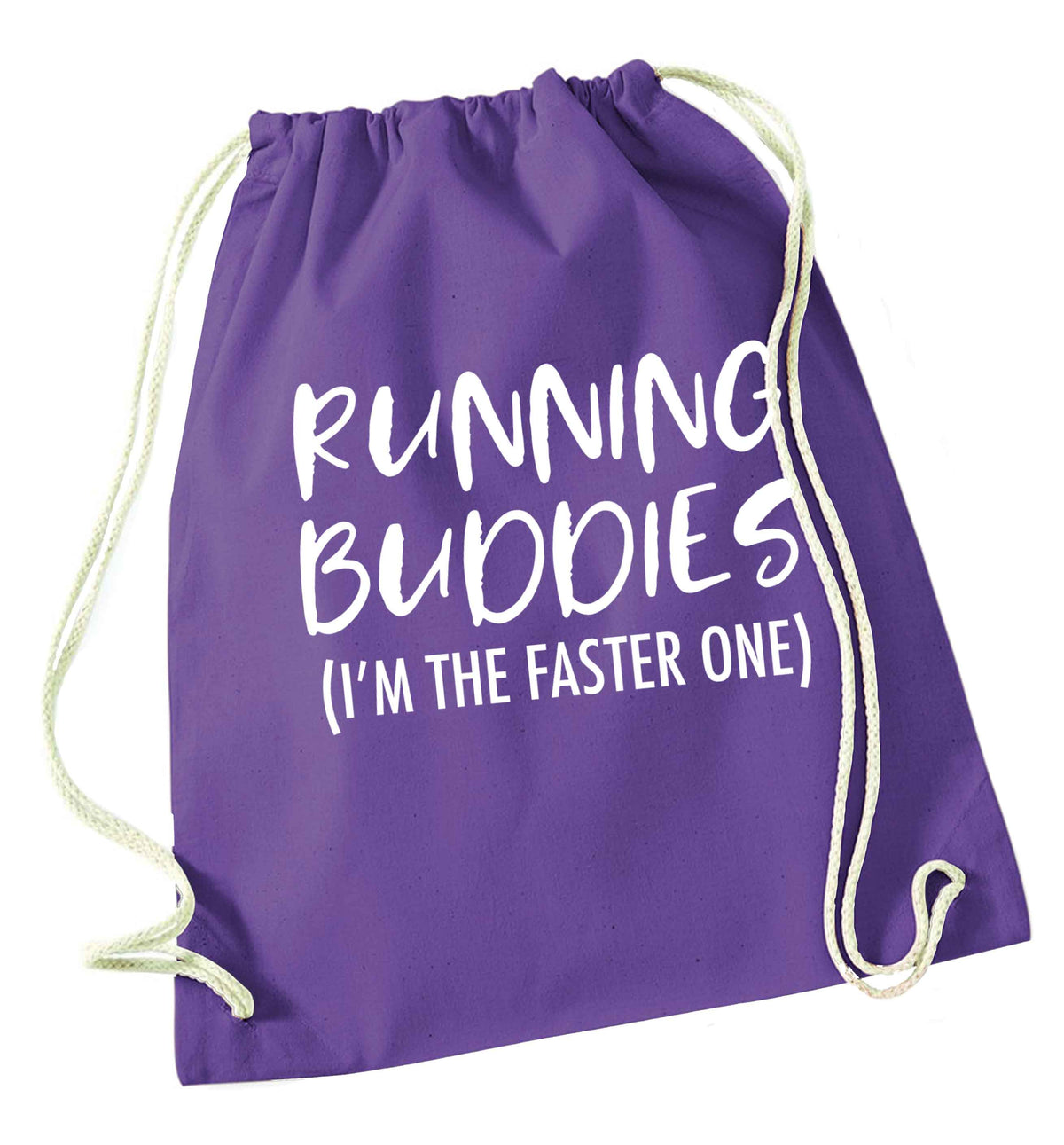 Running buddies (I'm the faster one) purple drawstring bag