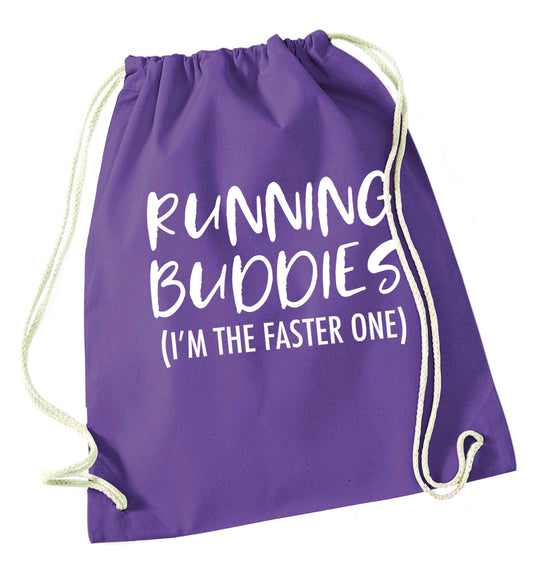Running buddies (I'm the faster one) purple drawstring bag