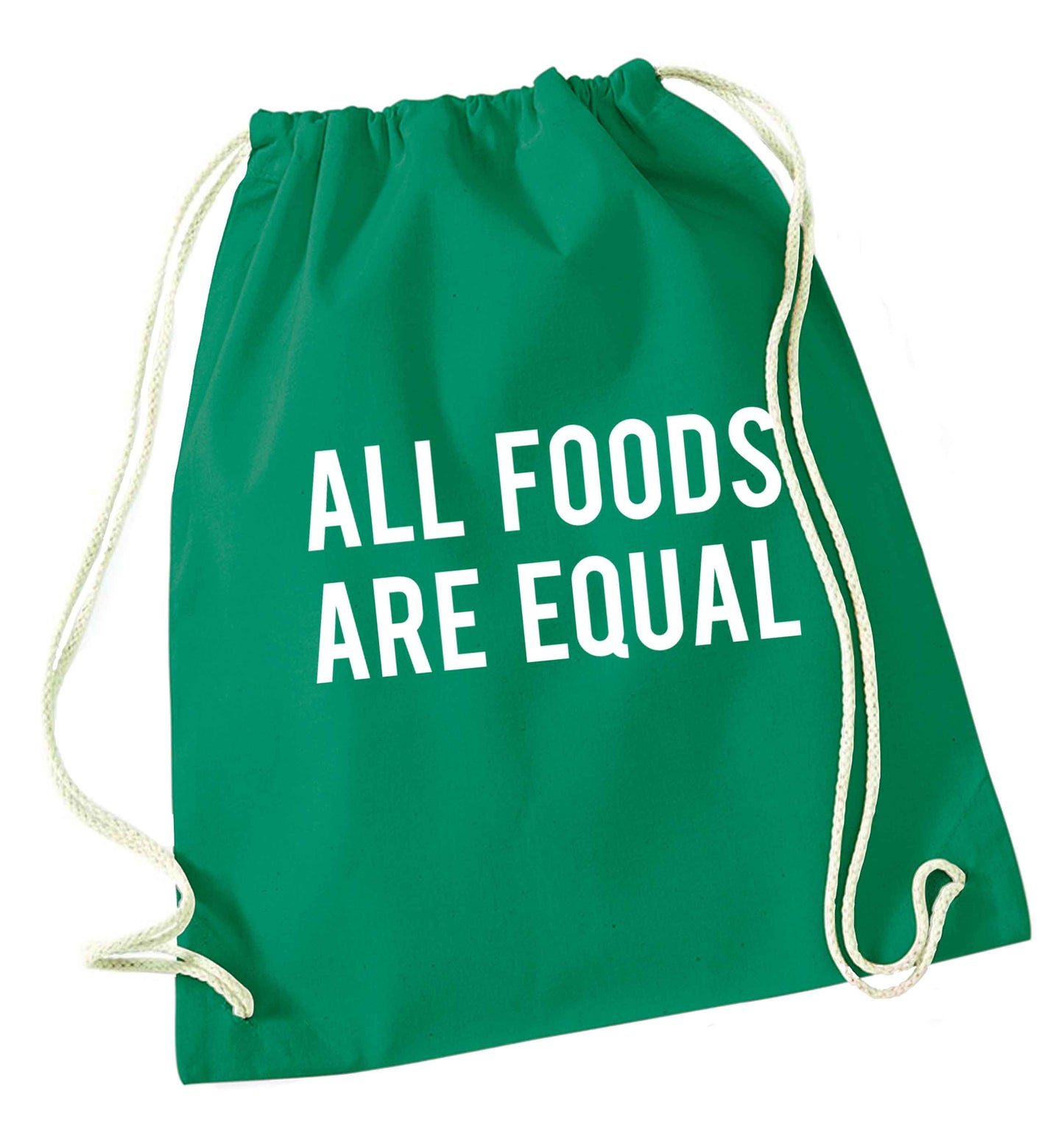 All foods are equal green drawstring bag