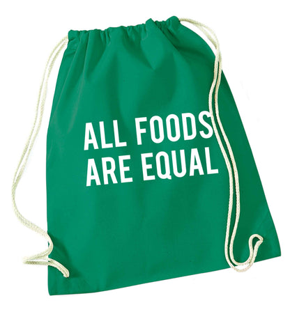 All foods are equal green drawstring bag