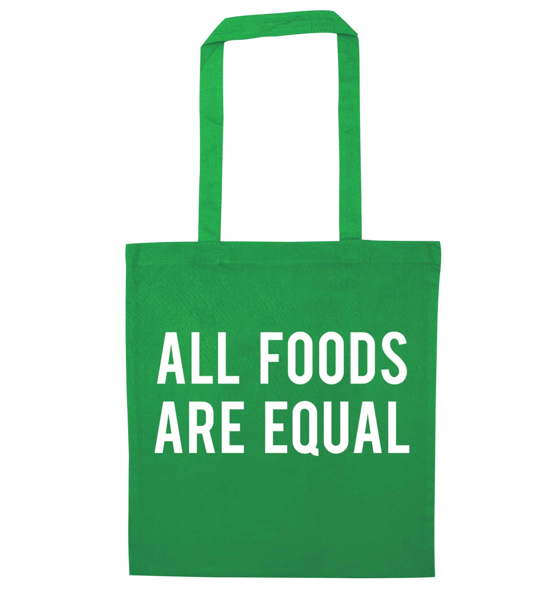 All foods are equal green tote bag