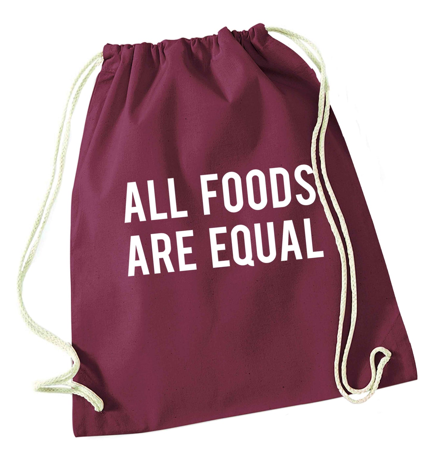 All foods are equal maroon drawstring bag