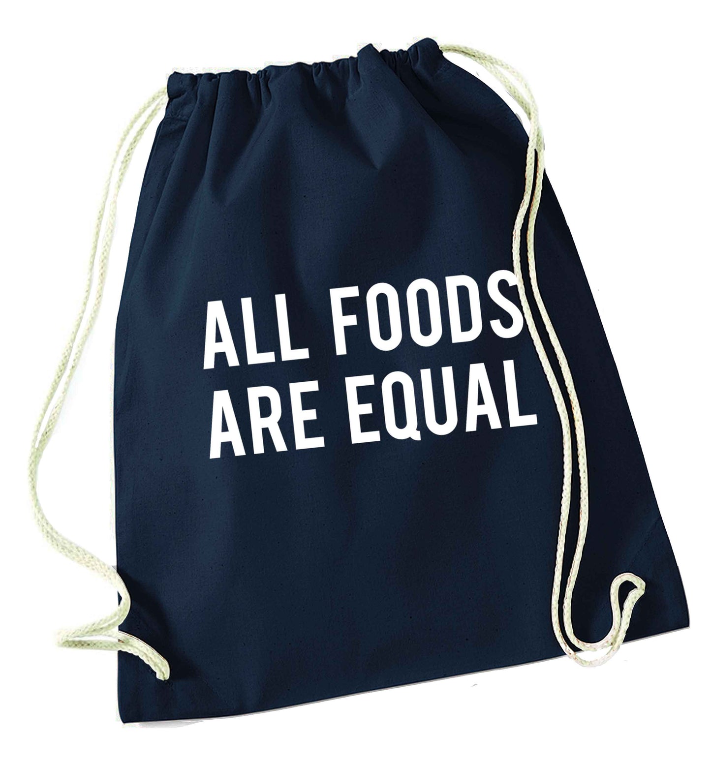 All foods are equal navy drawstring bag