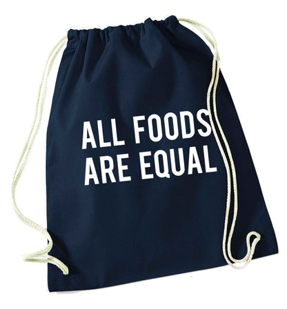 All foods are equal navy drawstring bag