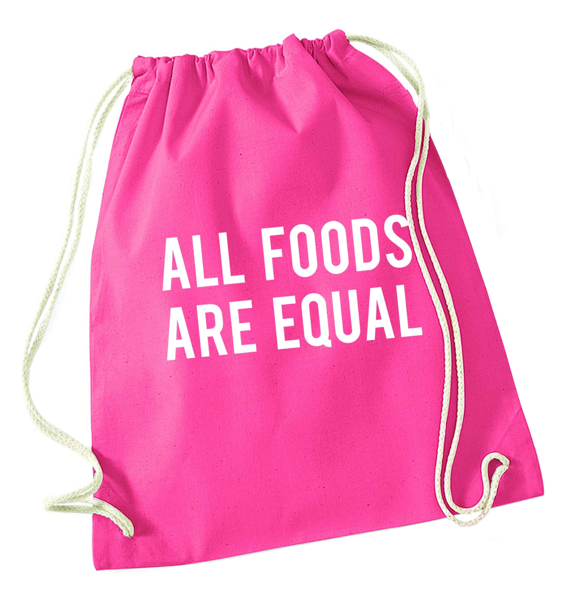 All foods are equal pink drawstring bag