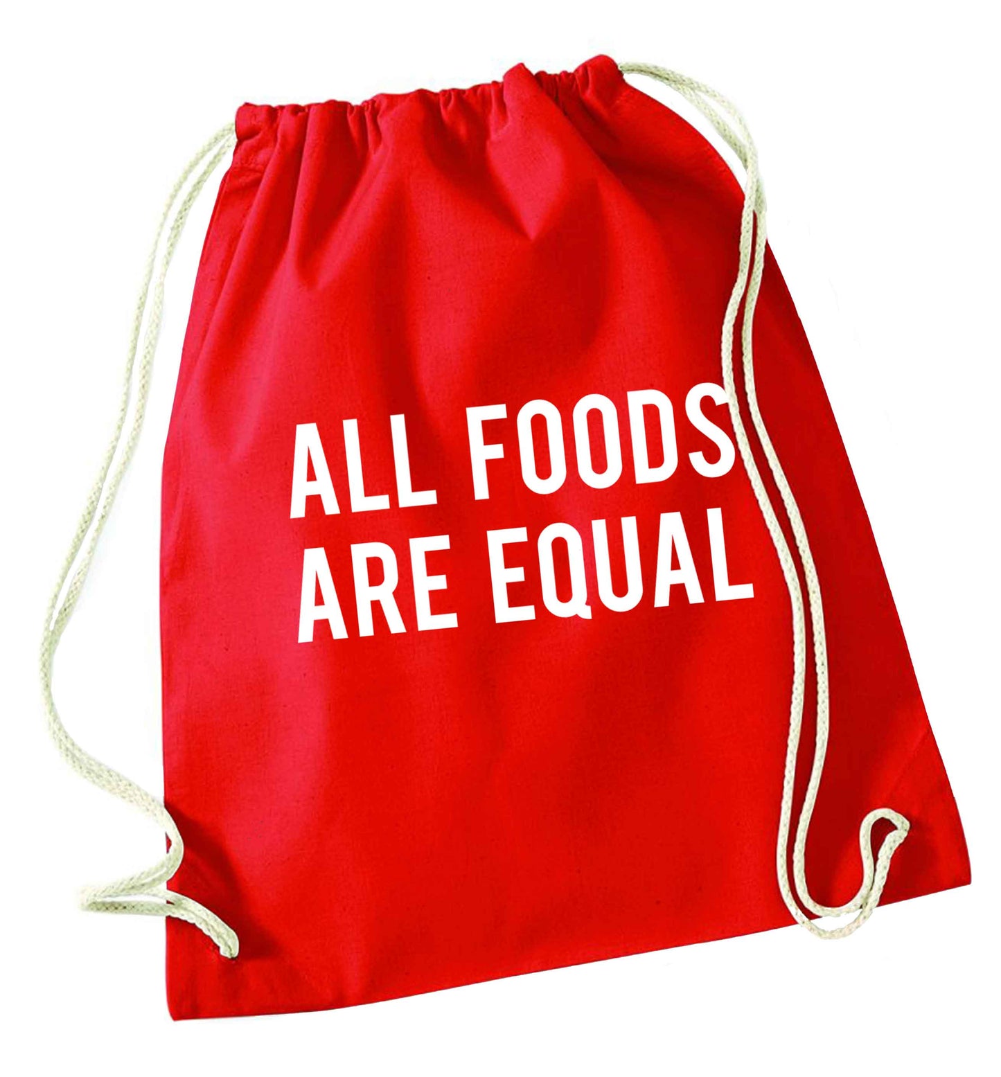 All foods are equal red drawstring bag 