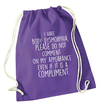 I have body dysmorphia, please do not comment on my appearance even if it is a compliment purple drawstring bag