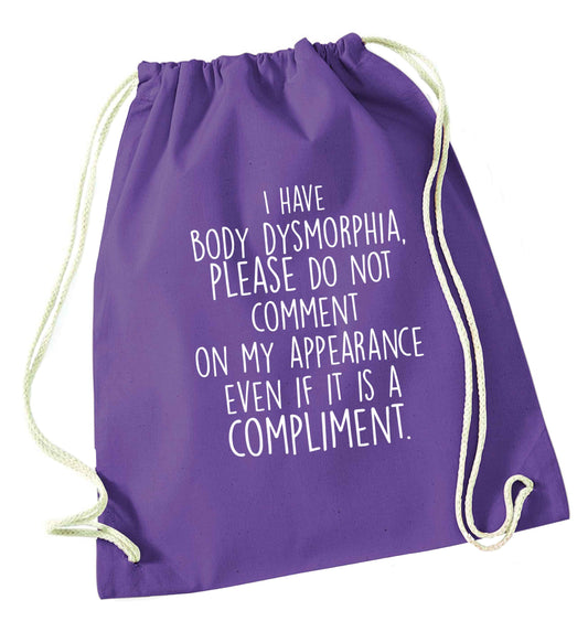 I have body dysmorphia, please do not comment on my appearance even if it is a compliment purple drawstring bag