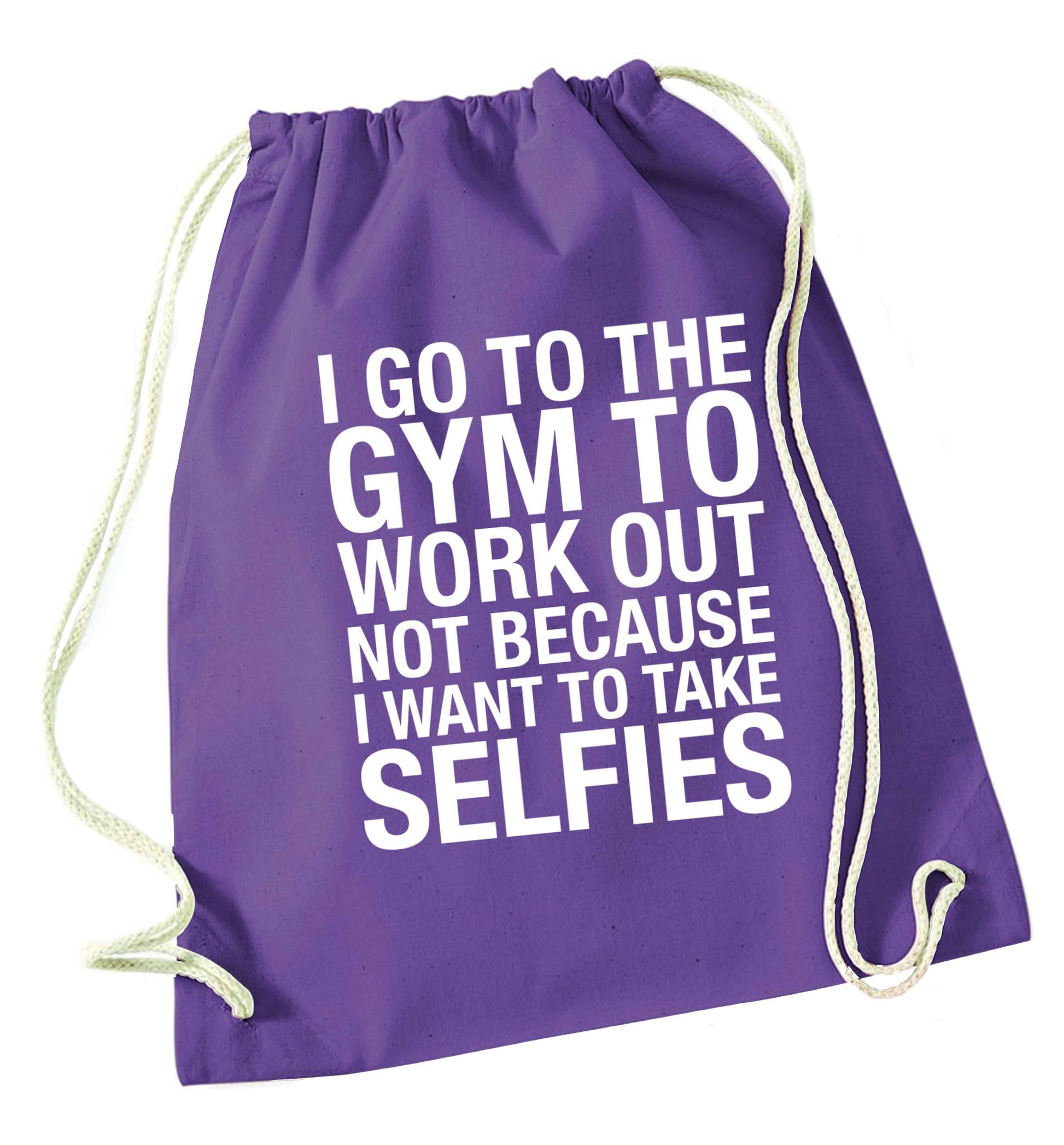 I go to the gym to workout not to take selfies purple drawstring bag