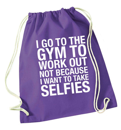 I go to the gym to workout not to take selfies purple drawstring bag