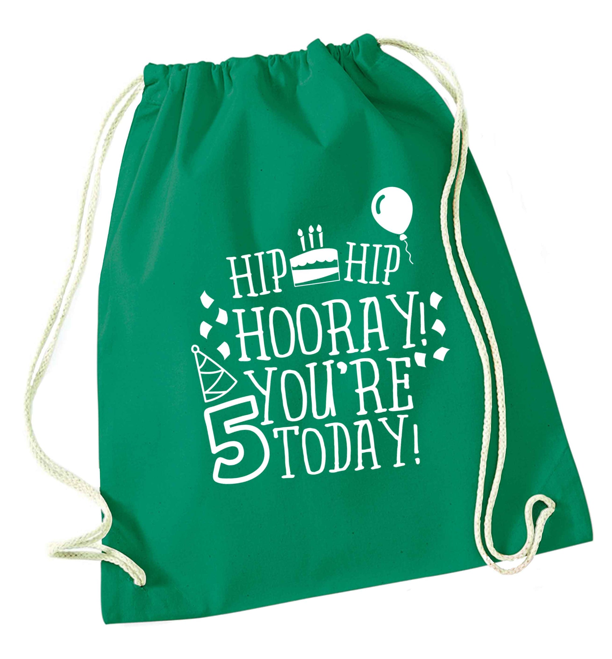 Hip hip hooray you're five today! green drawstring bag