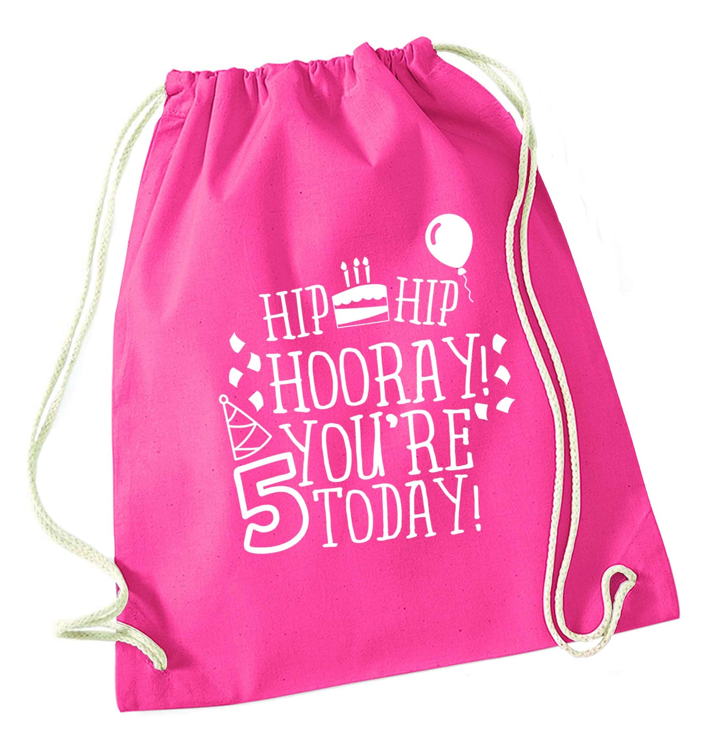 Hip hip hooray you're five today! pink drawstring bag