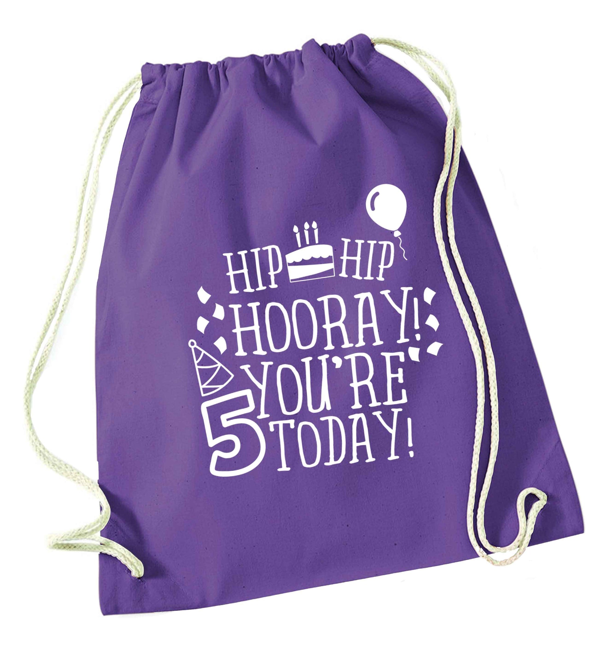Hip hip hooray you're five today! purple drawstring bag