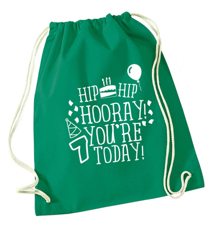 Hip hip hooray you're seven today! green drawstring bag