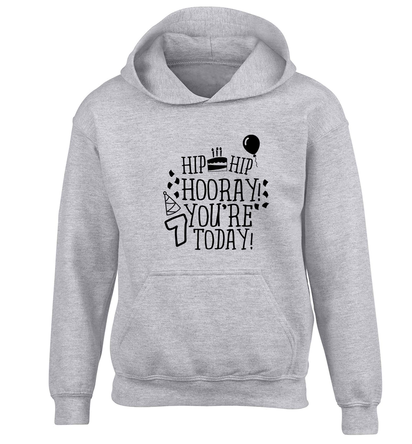 Hip hip hooray you're seven today! children's grey hoodie 12-13 Years