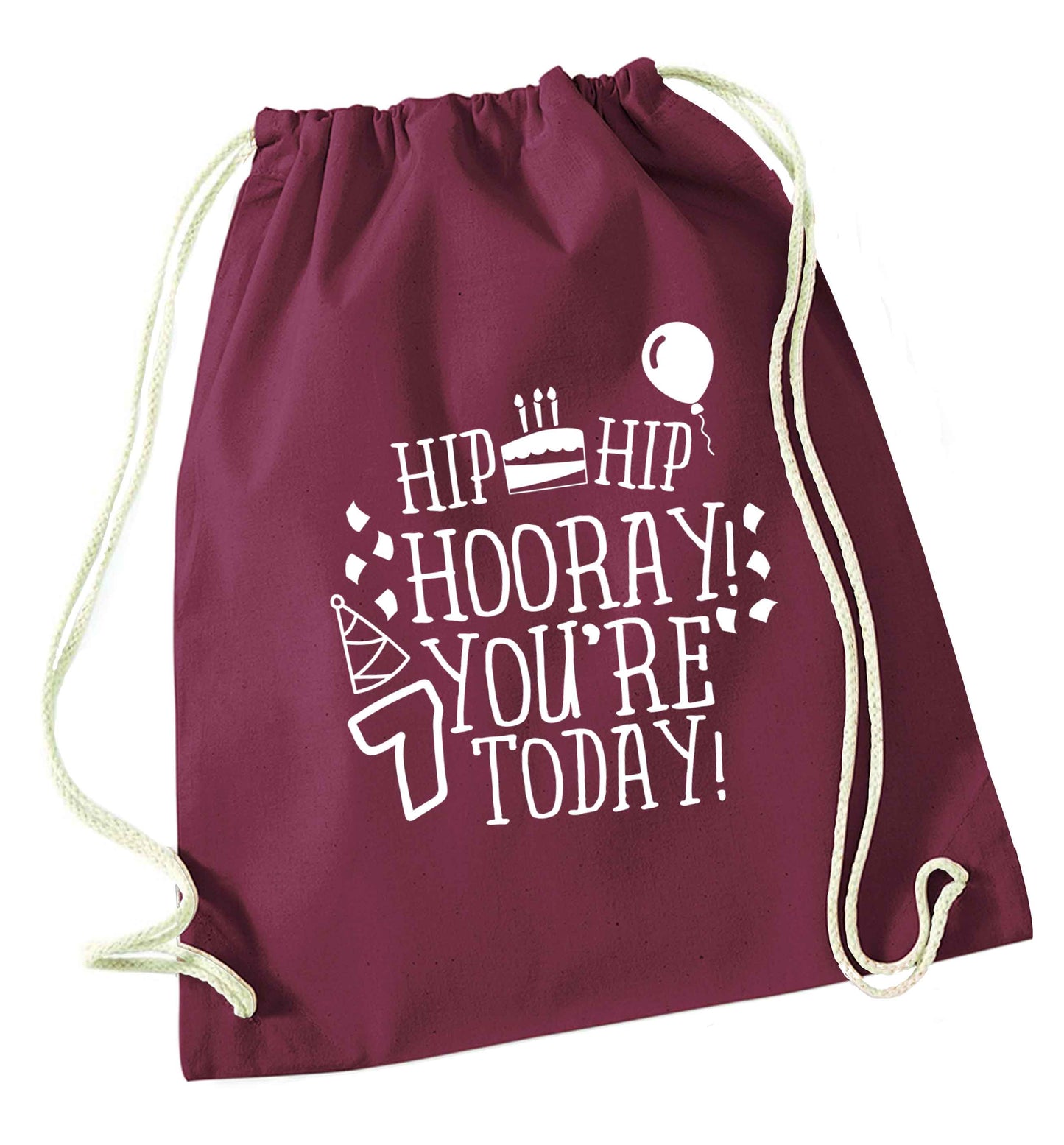 Hip hip hooray you're seven today! maroon drawstring bag