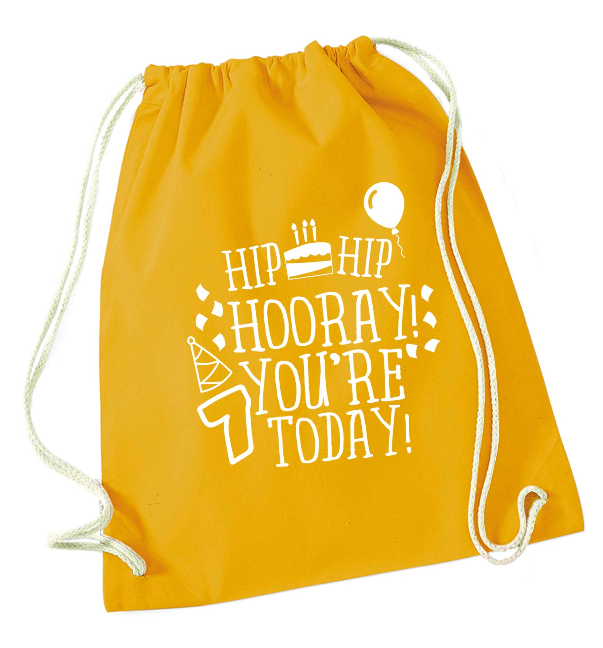 Hip hip hooray you're seven today! mustard drawstring bag
