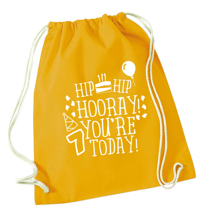 Hip hip hooray you're seven today! mustard drawstring bag