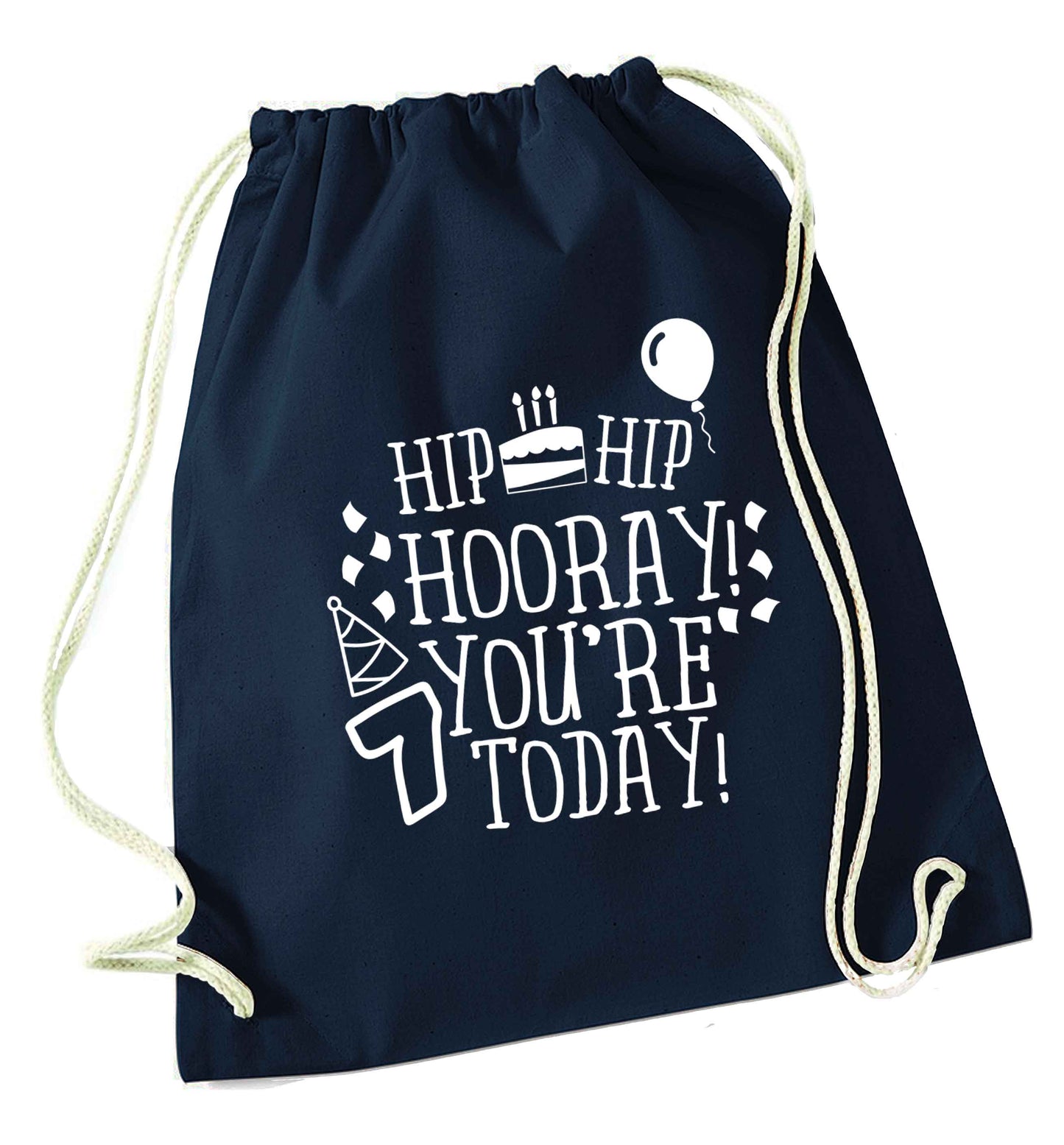 Hip hip hooray you're seven today! navy drawstring bag