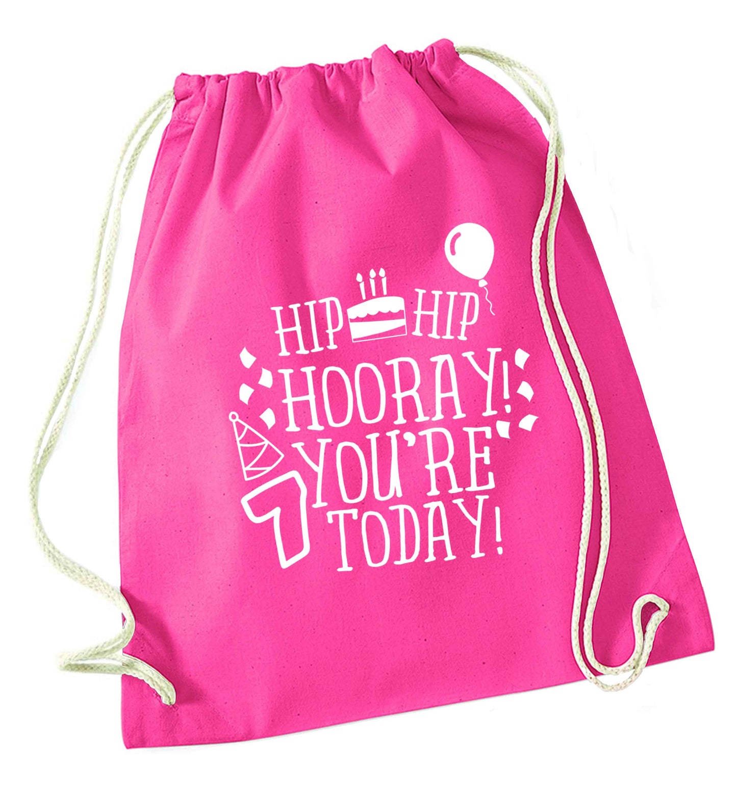 Hip hip hooray you're seven today! pink drawstring bag