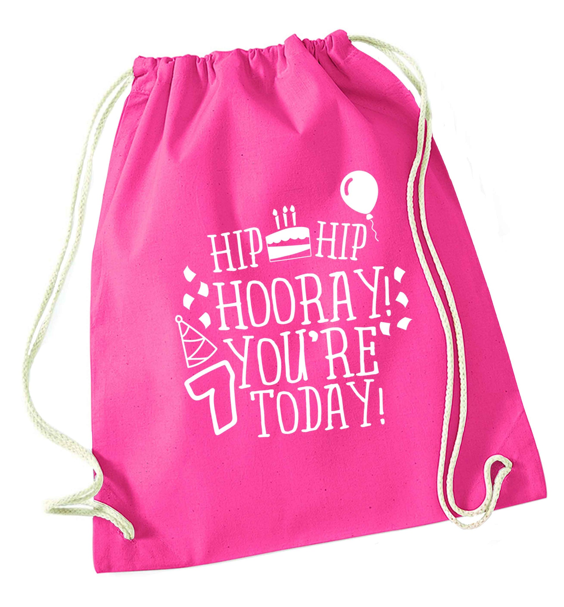 Hip hip hooray you're seven today! pink drawstring bag