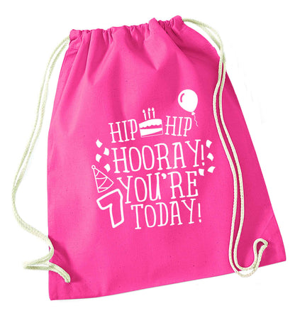 Hip hip hooray you're seven today! pink drawstring bag