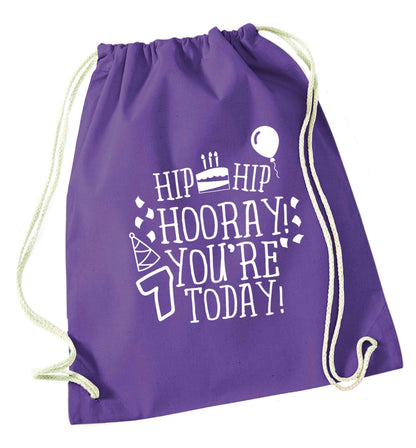 Hip hip hooray you're seven today! purple drawstring bag