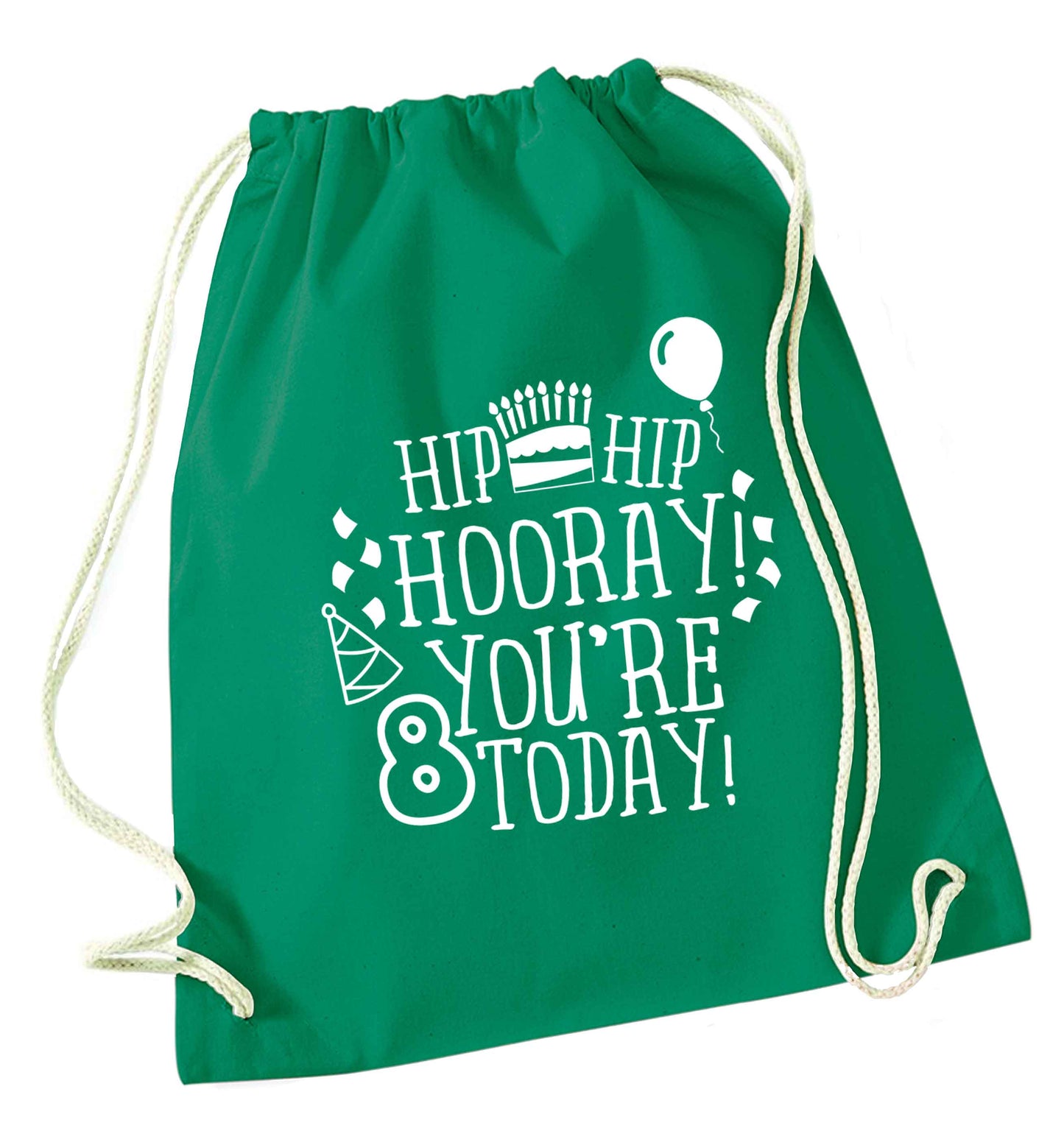 Hip hip hooray you're 8 today! green drawstring bag