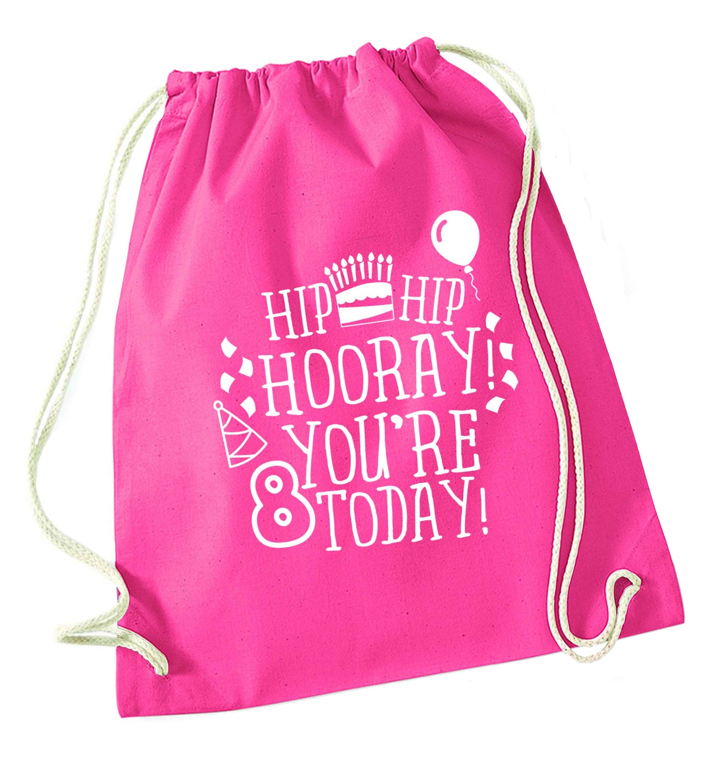 Hip hip hooray you're 8 today! pink drawstring bag