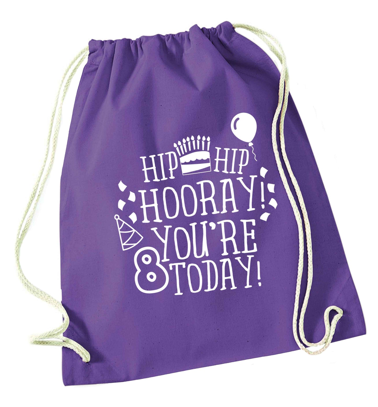 Hip hip hooray you're 8 today! purple drawstring bag