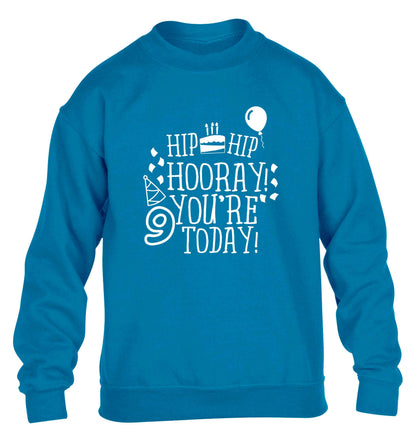 Hip hip hooray you're 9 today! children's blue sweater 12-13 Years