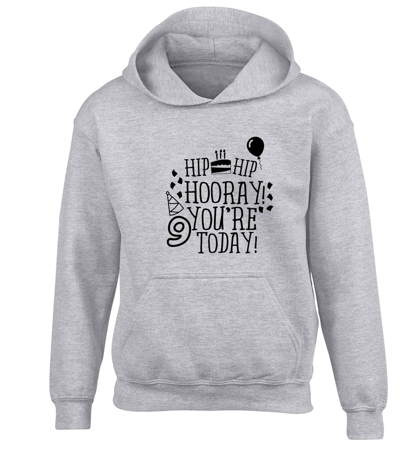 Hip hip hooray you're 9 today! children's grey hoodie 12-13 Years