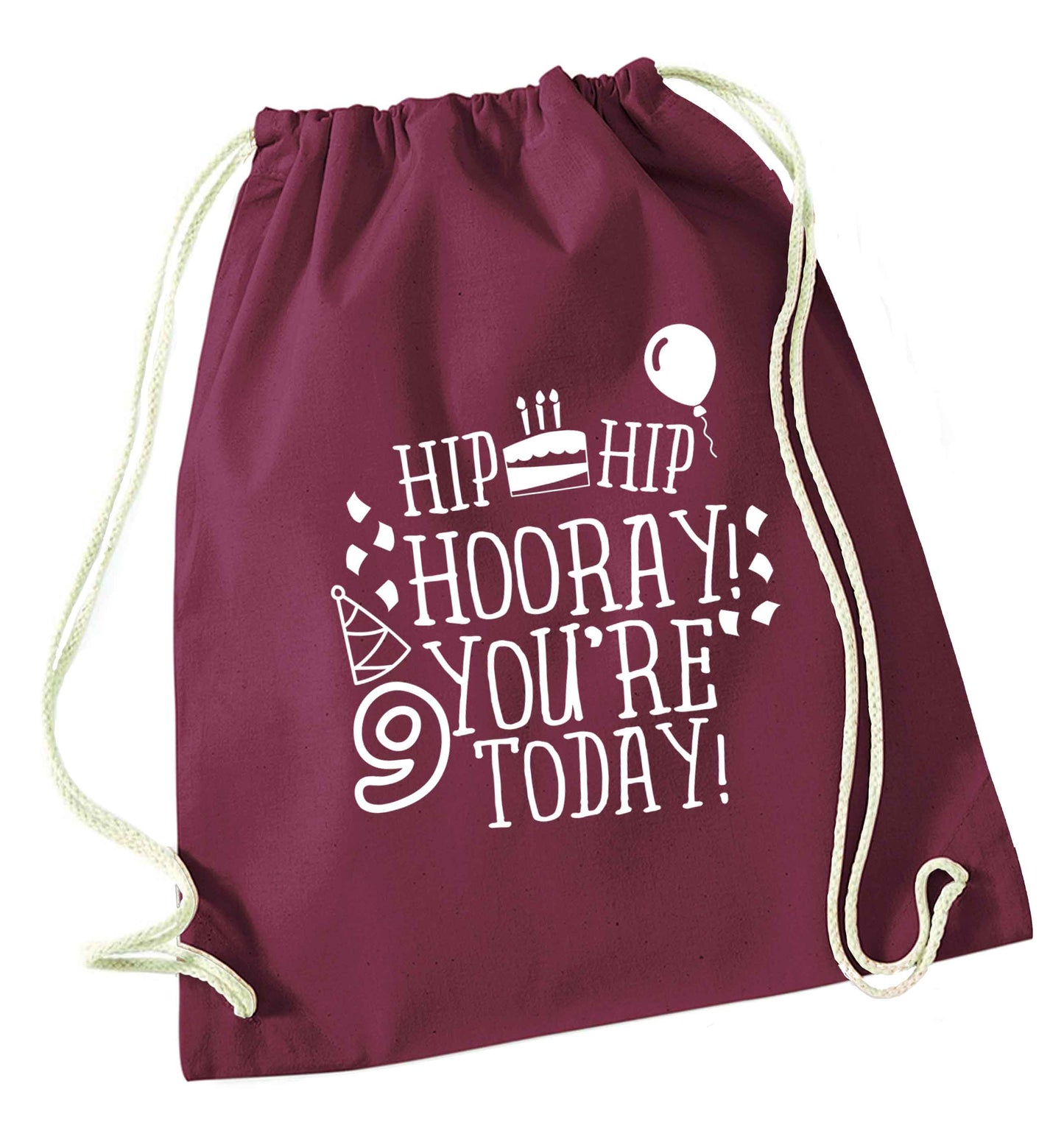 Hip hip hooray you're 9 today! maroon drawstring bag