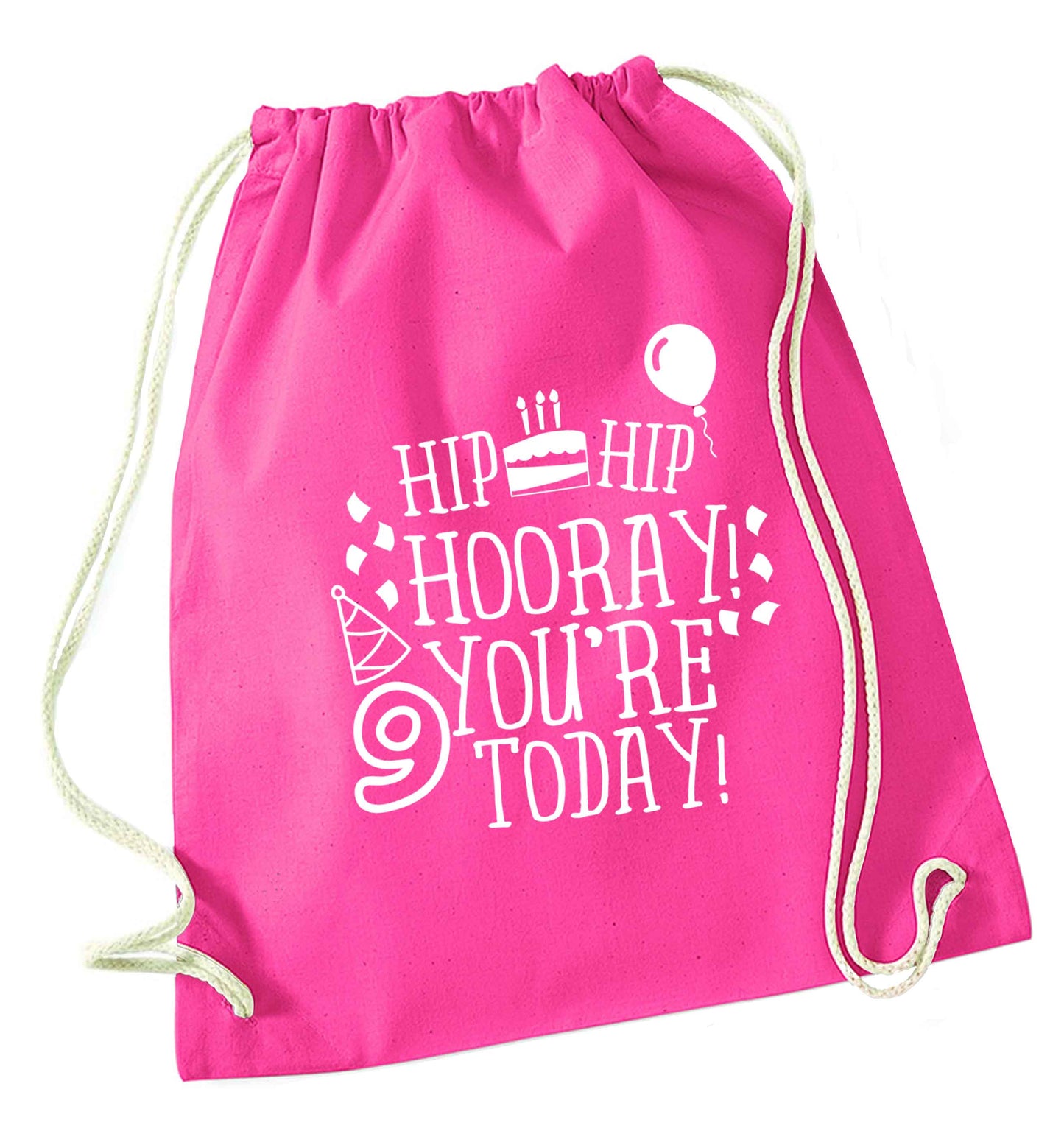 Hip hip hooray you're 9 today! pink drawstring bag