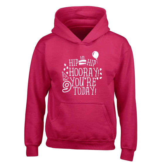 Hip hip hooray you're 9 today! children's pink hoodie 12-13 Years