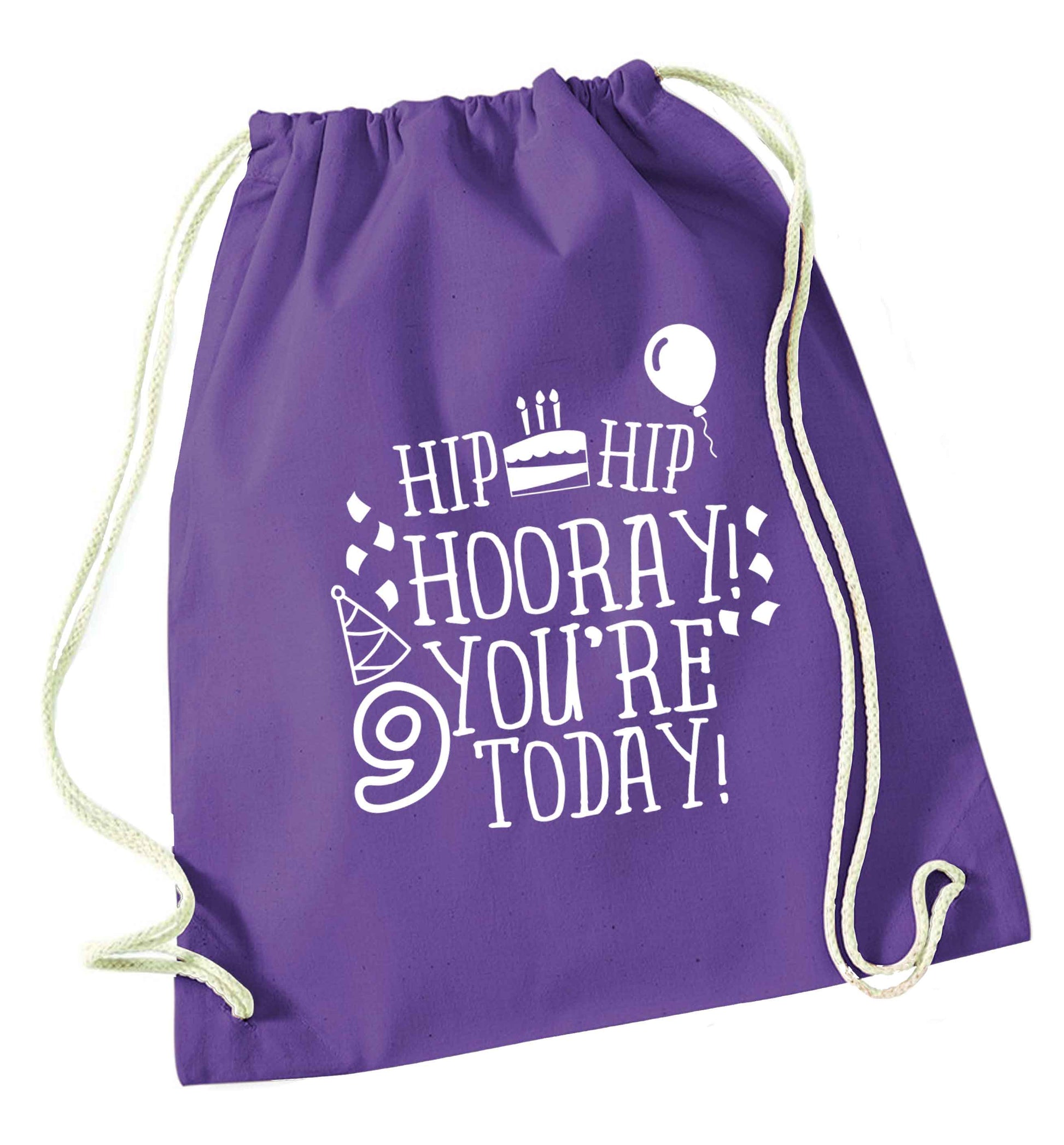 Hip hip hooray you're 9 today! purple drawstring bag
