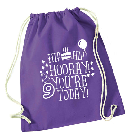 Hip hip hooray you're 9 today! purple drawstring bag