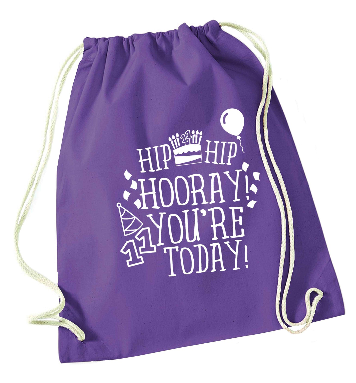 Hip hip hooray I you're eleven today! purple drawstring bag