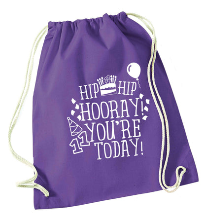 Hip hip hooray I you're eleven today! purple drawstring bag