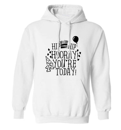 Hip hip hooray I you're eleven today! adults unisex white hoodie 2XL