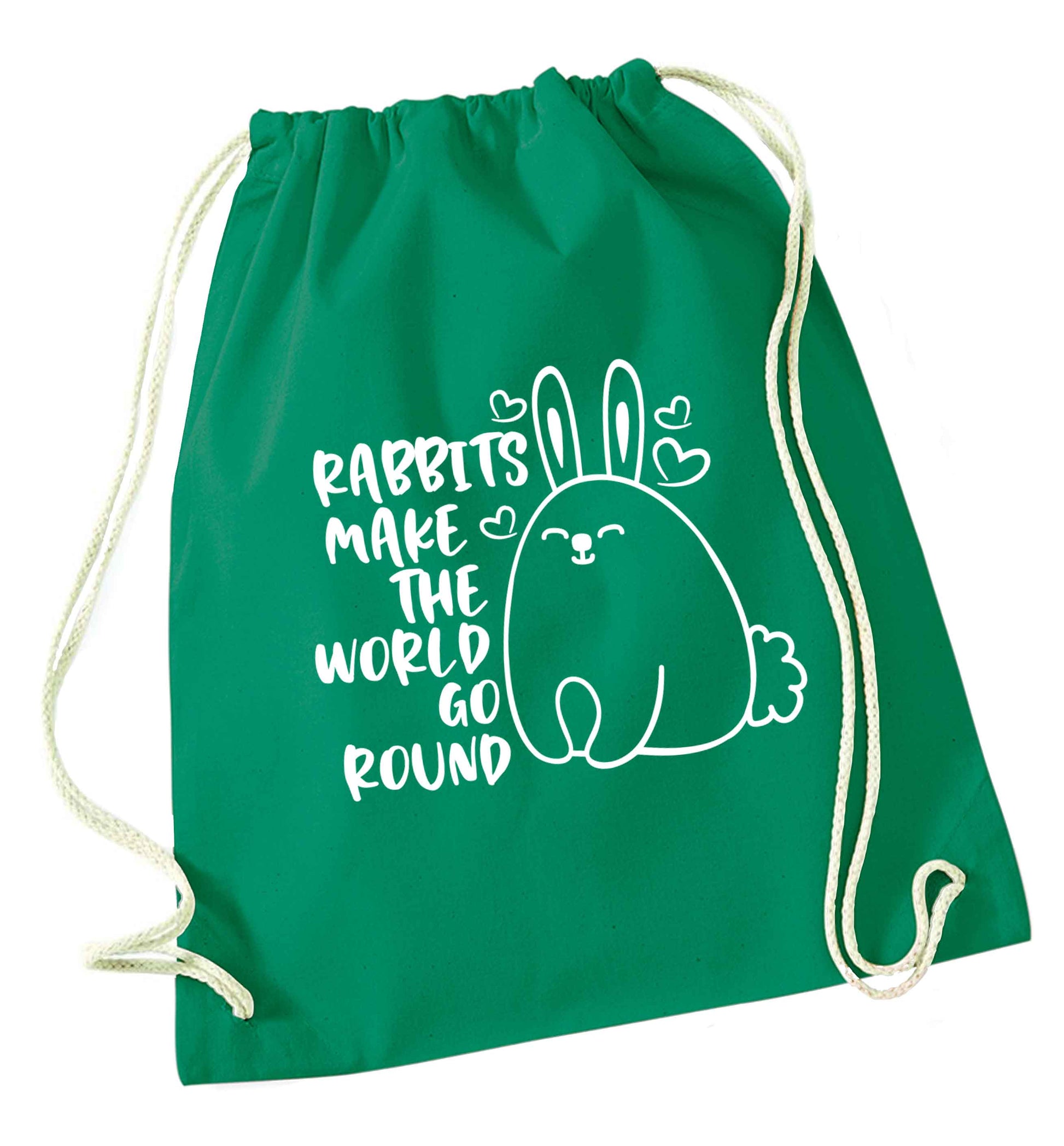 Rabbits make the world go round green drawstring bag