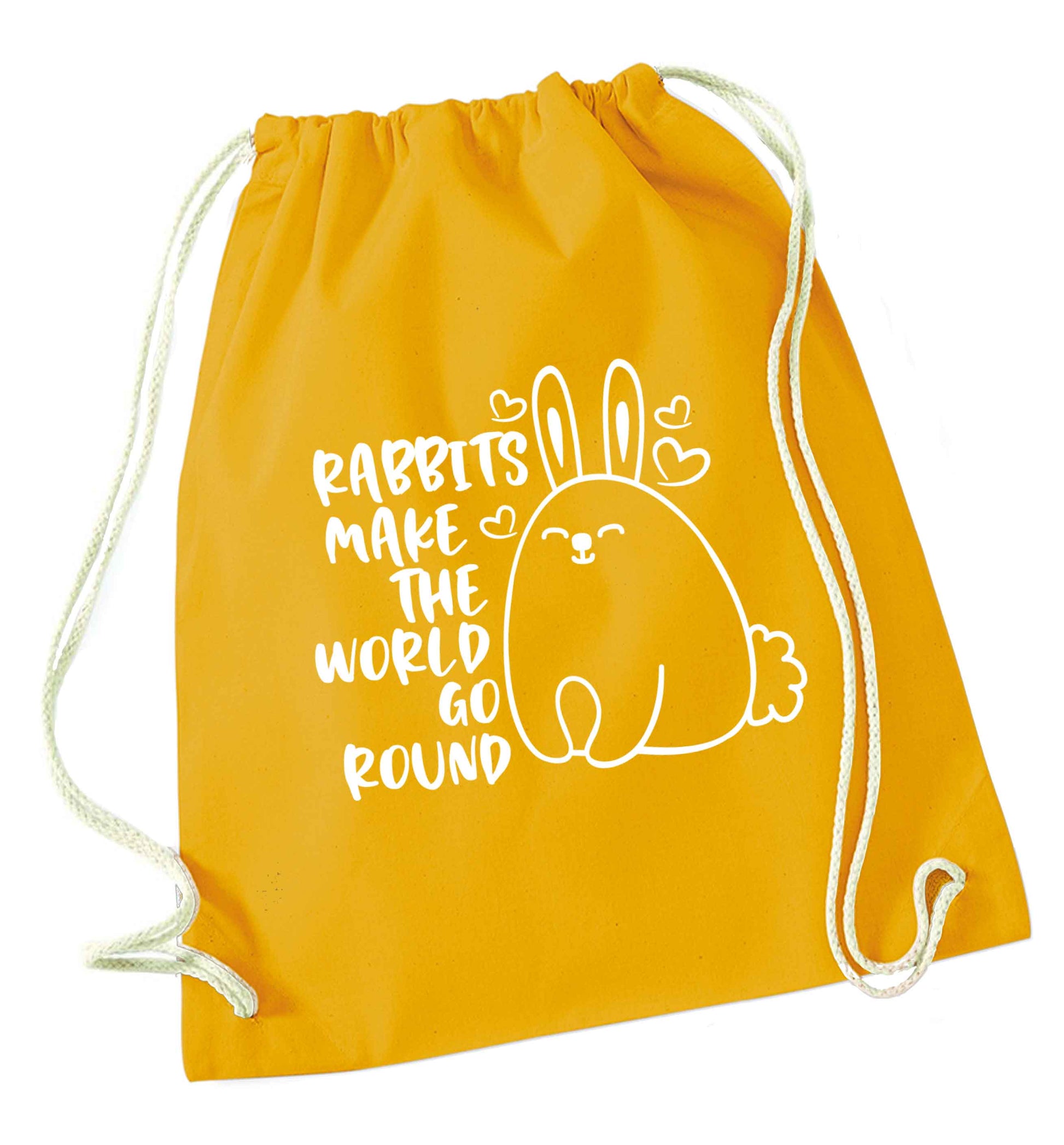 Rabbits make the world go round mustard drawstring bag