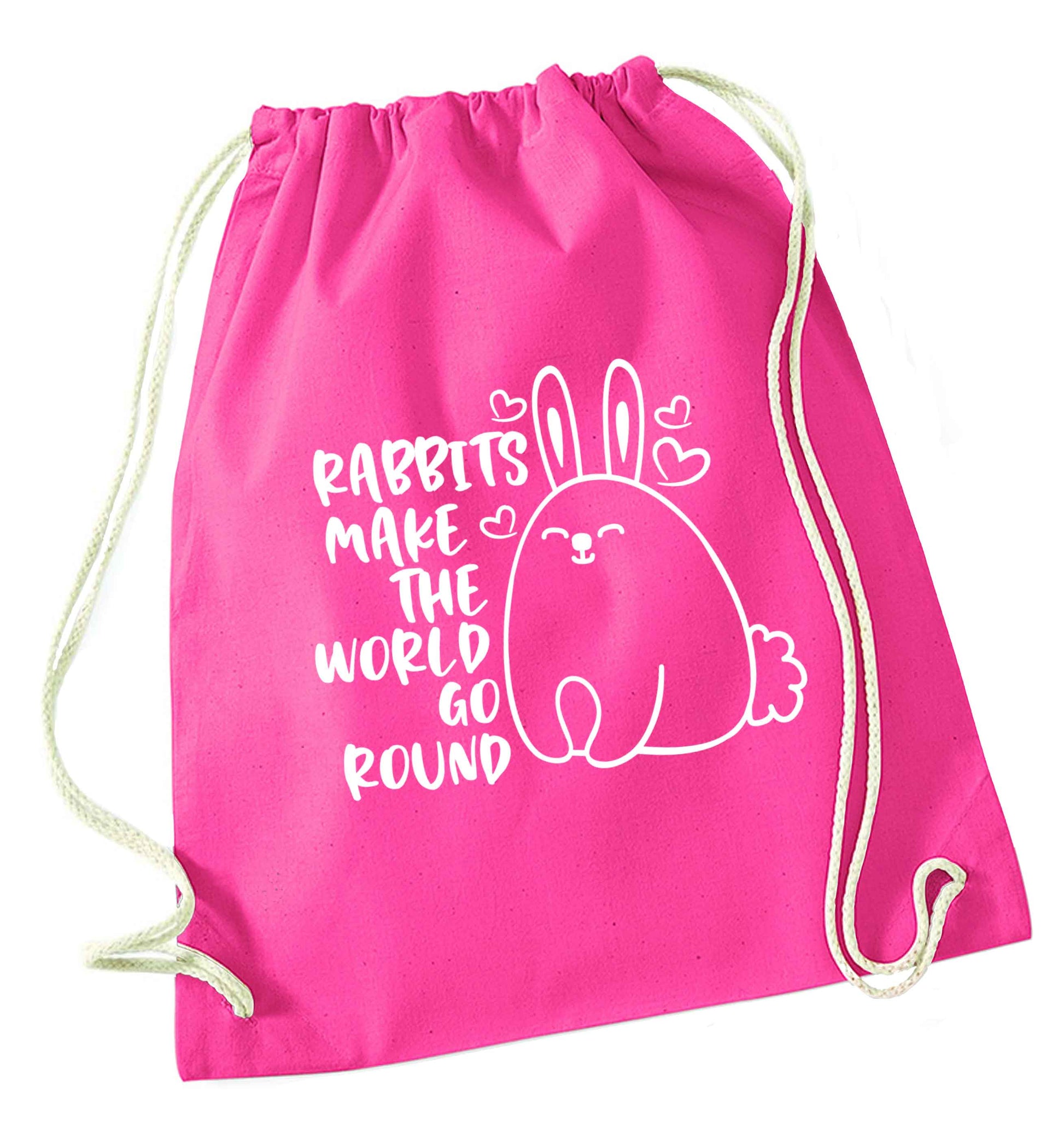 Rabbits make the world go round pink drawstring bag