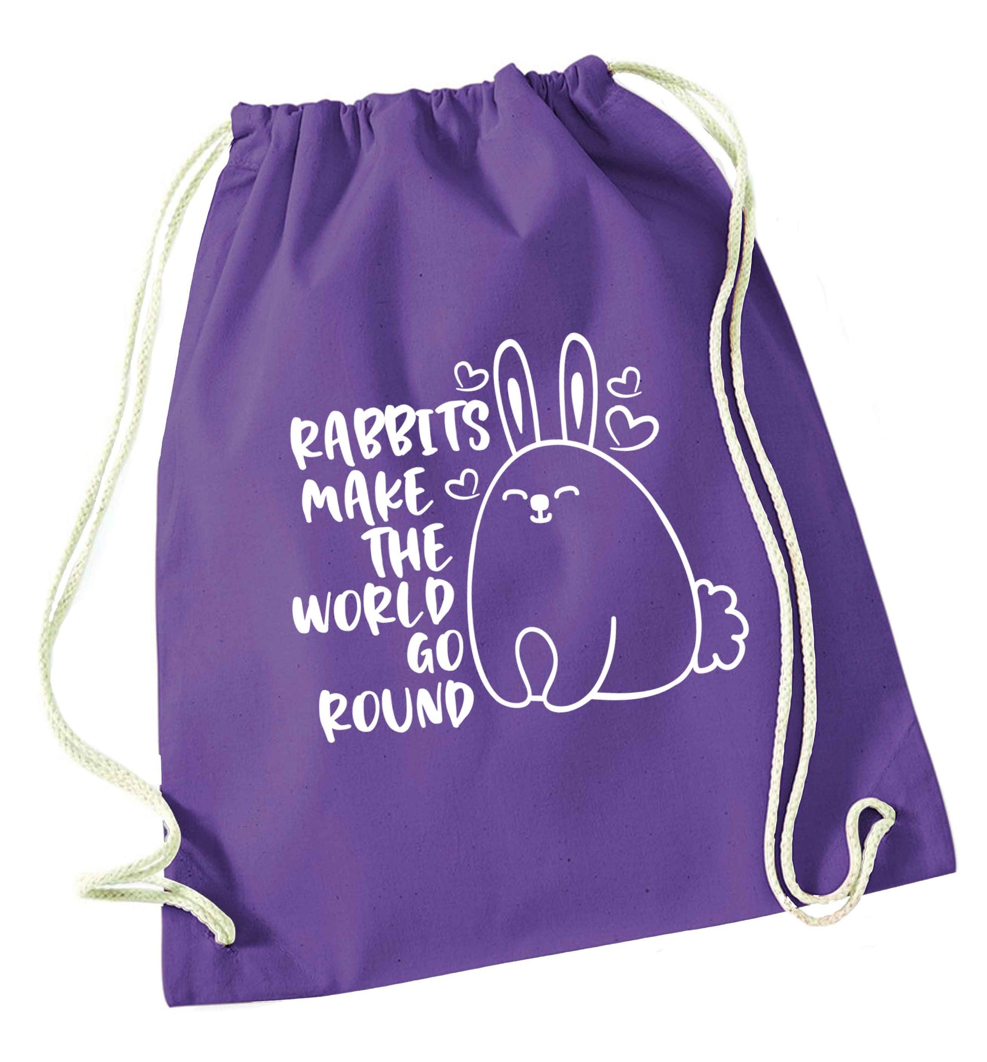 Rabbits make the world go round purple drawstring bag