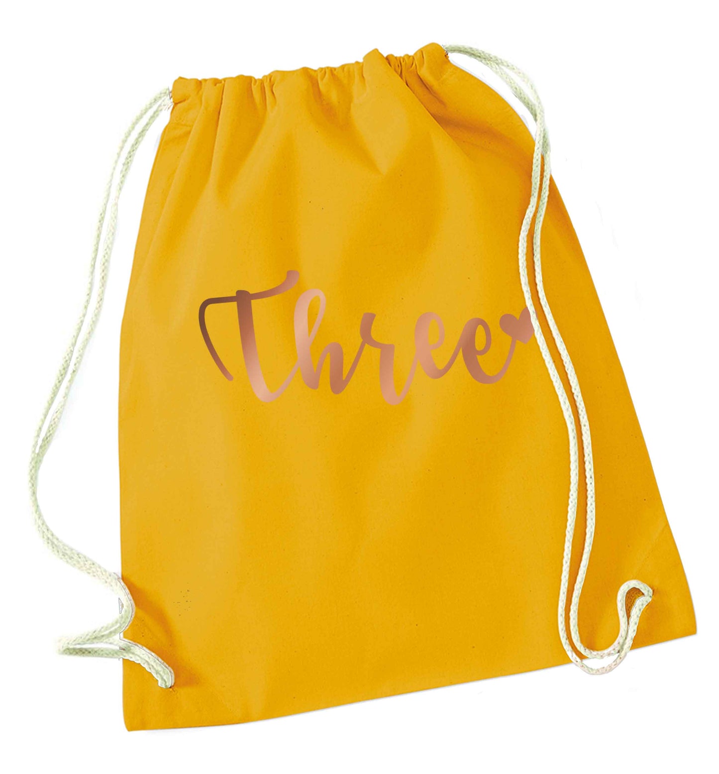 Three rose gold mustard drawstring bag