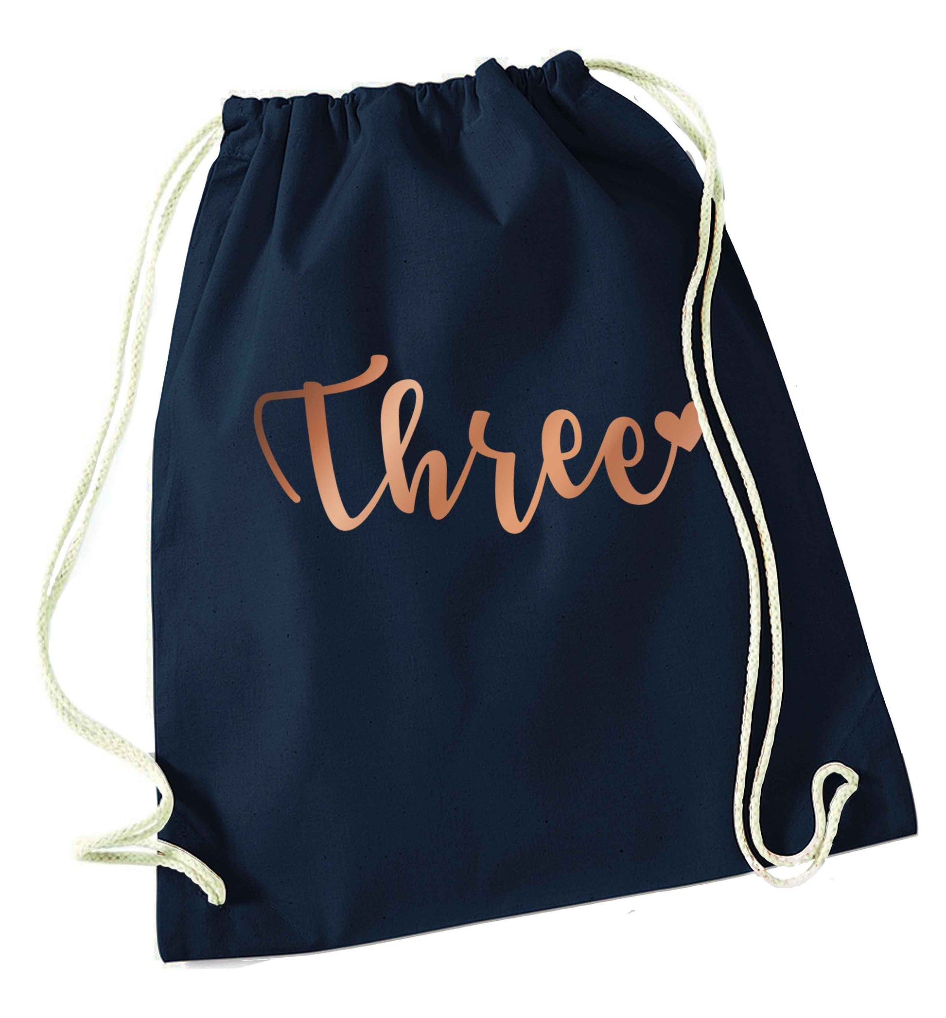Three rose gold navy drawstring bag