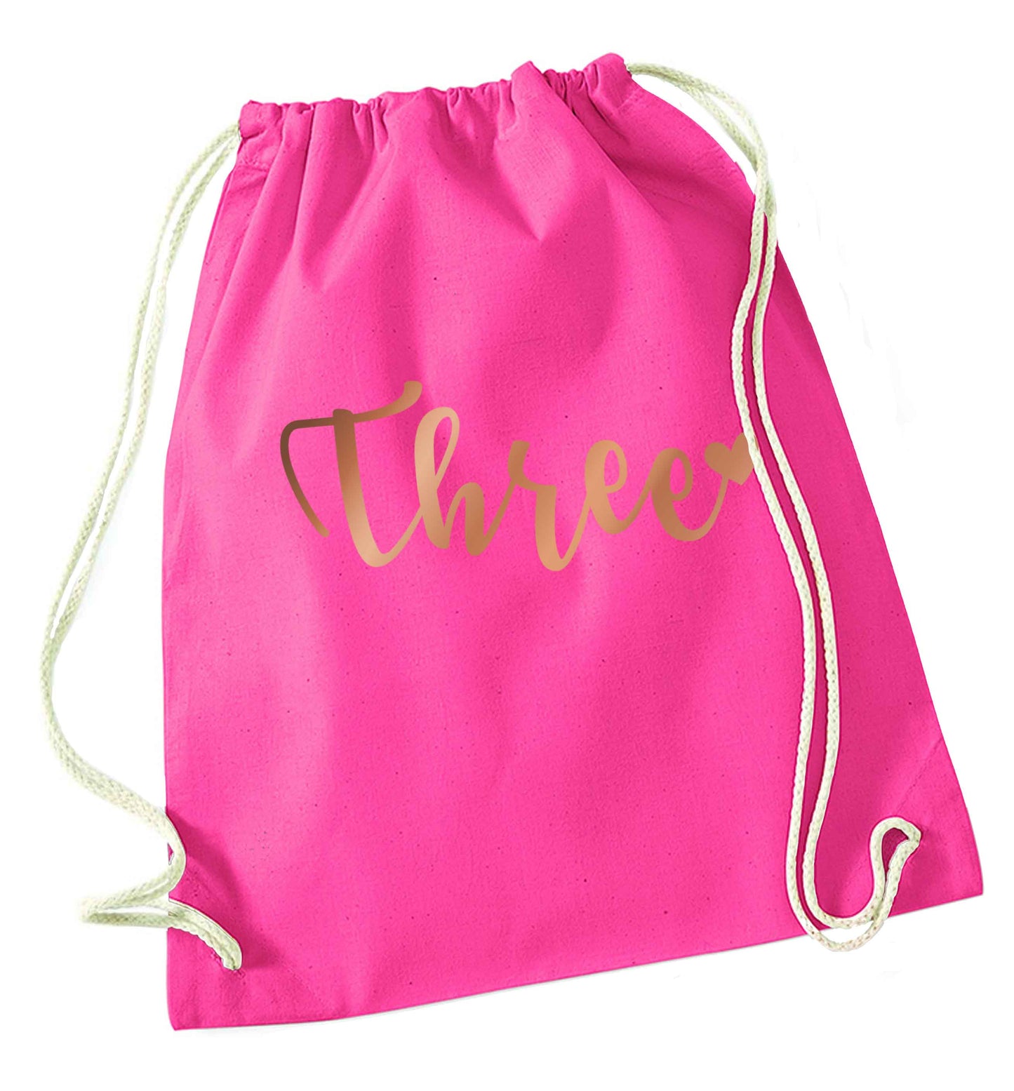 Three rose gold pink drawstring bag