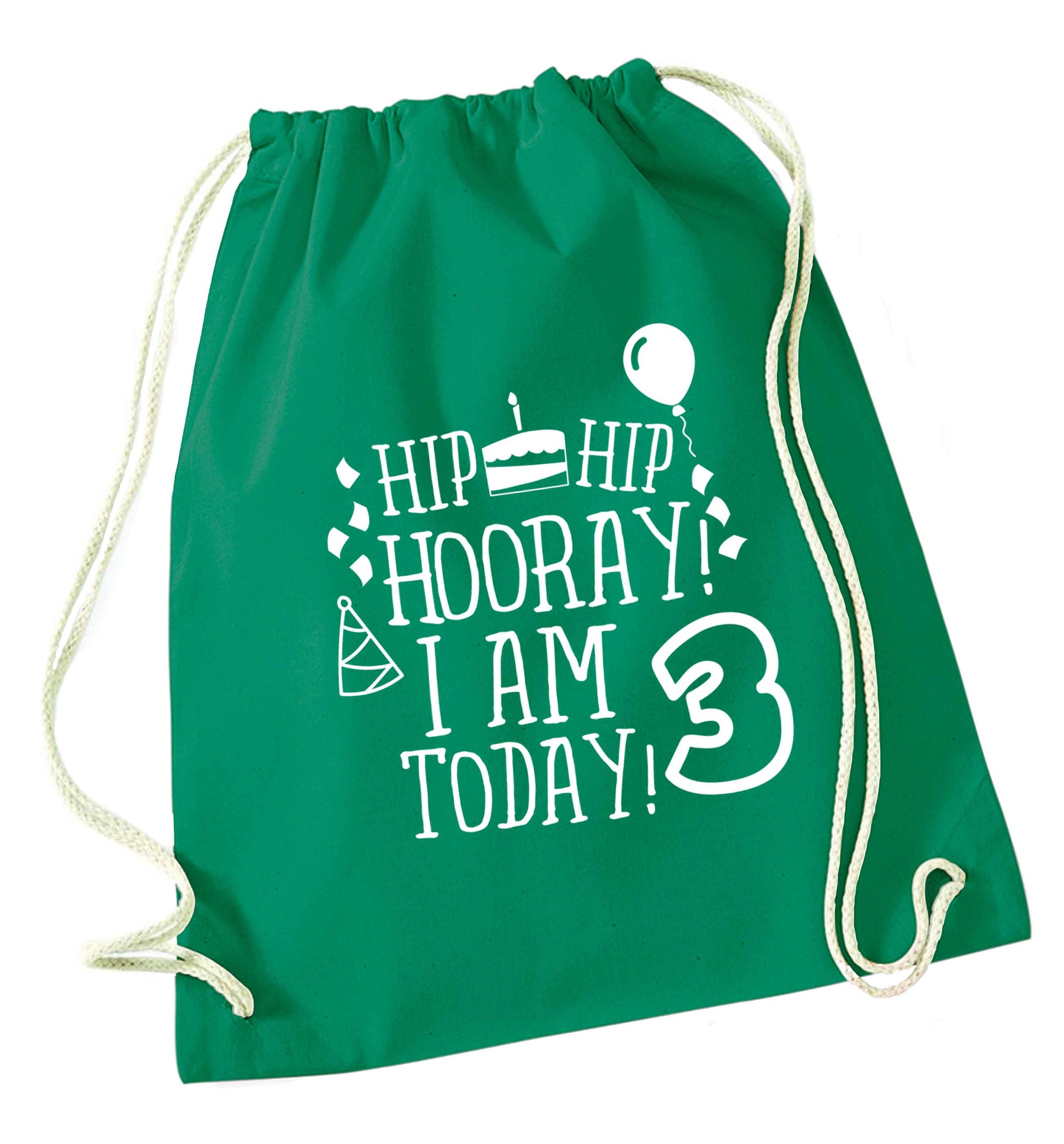 Hip hip hooray I'm 3 today! green drawstring bag